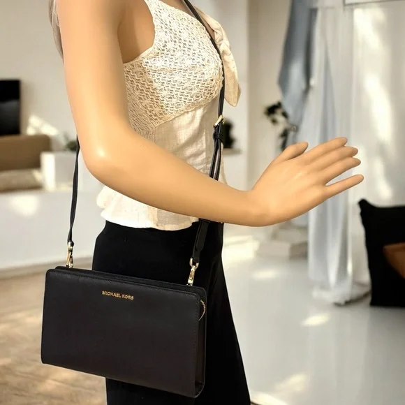 Michael Kors MK Black Crossbody Bag with Gold Accents LIKE NEW - Picture 3 of 15